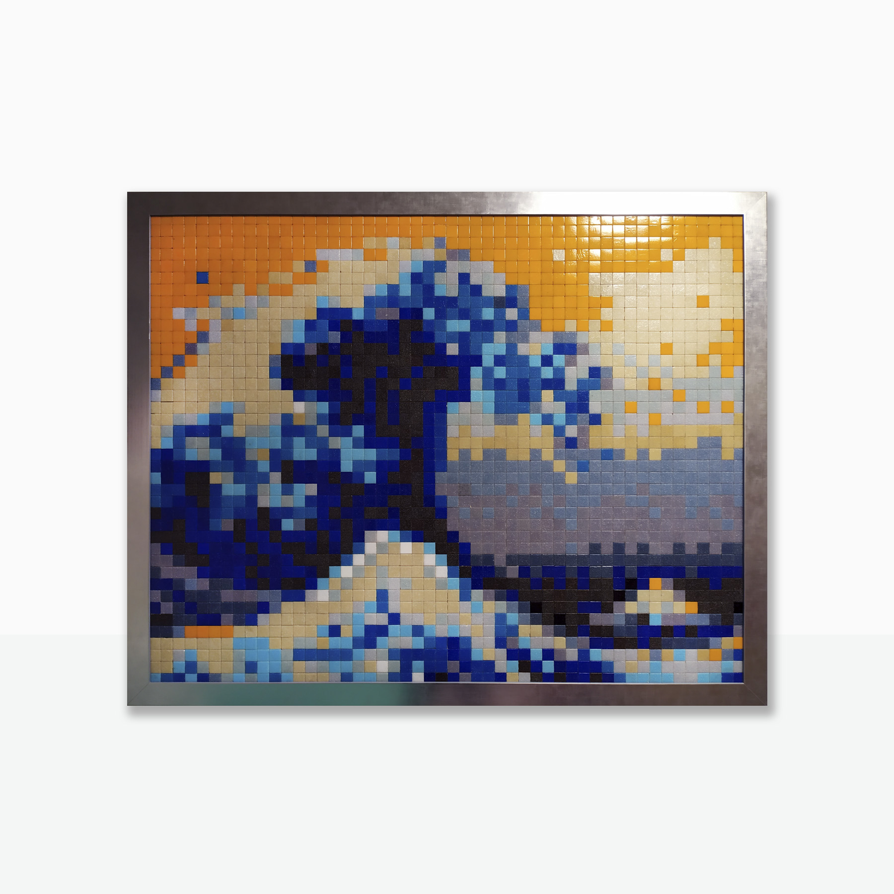 “Kanagawa Pixel Remix” Mosaico de teselas vítreas · 100 × 80 cm · 2020 del artista conocido como PixelArt