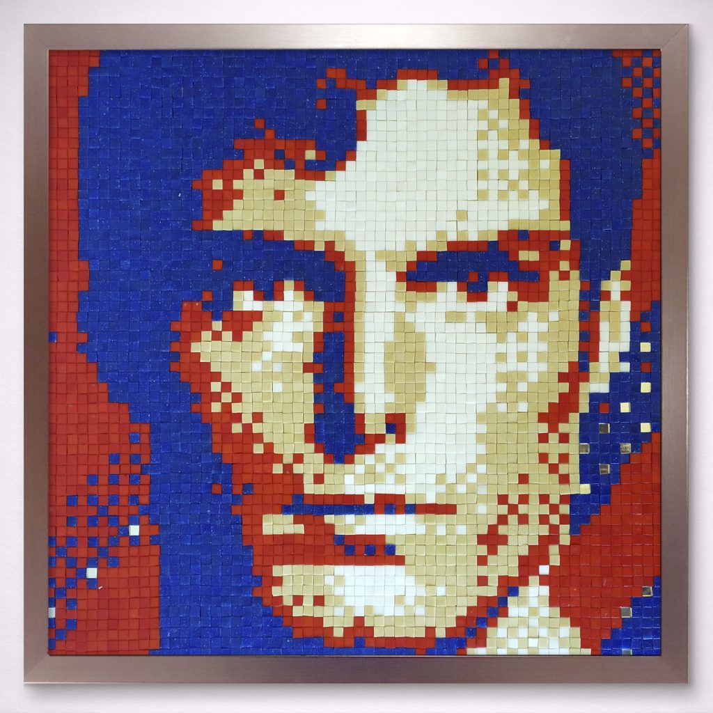 “Superman Pixel Remix” Mosaico de teselas vítreas y espejos · 60 × 60 cm · 2020 creado por el artista PixelArt