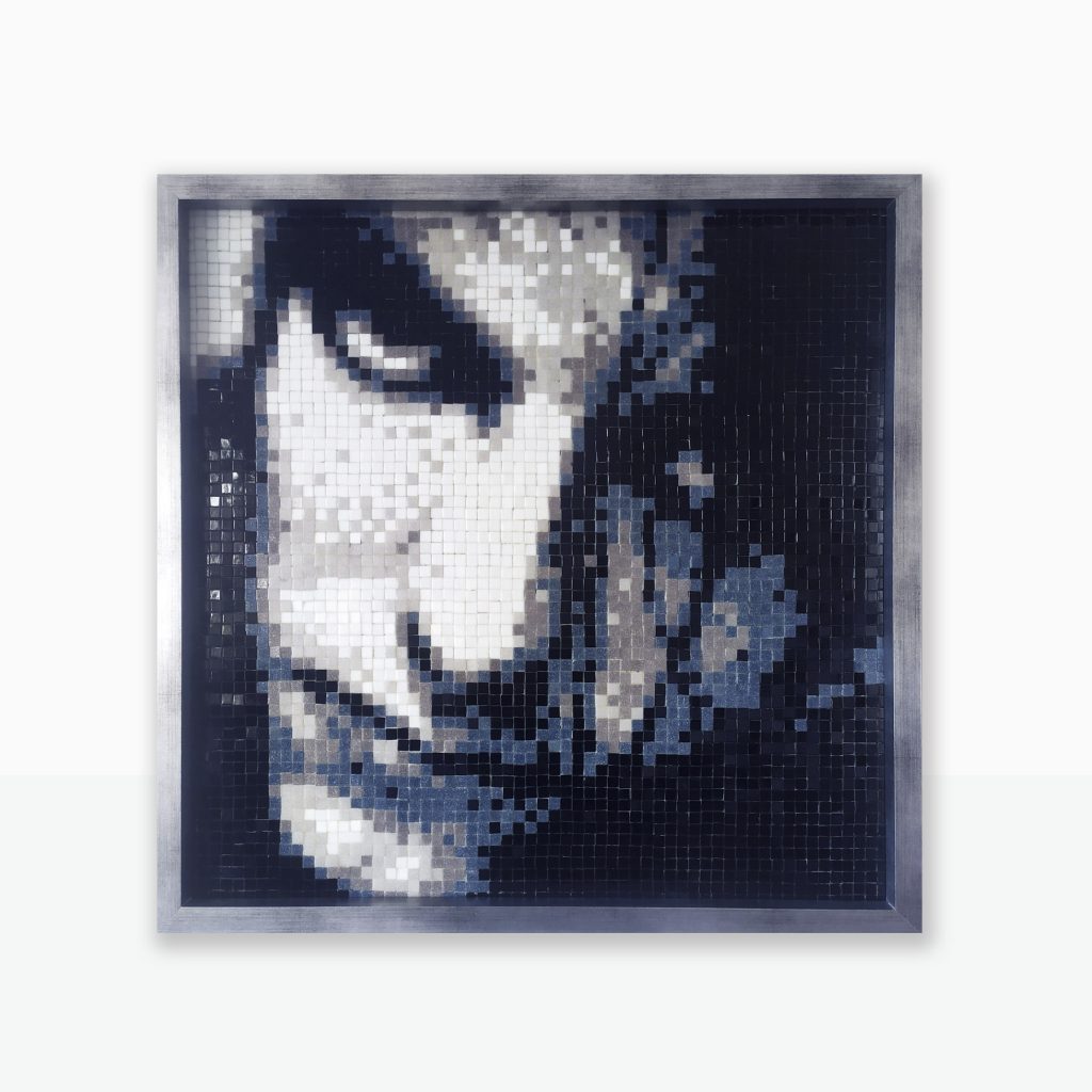 “Robert Smith Pixel Remix” Mosaico de teselas vítreas · 60 × 60 cm · 2021