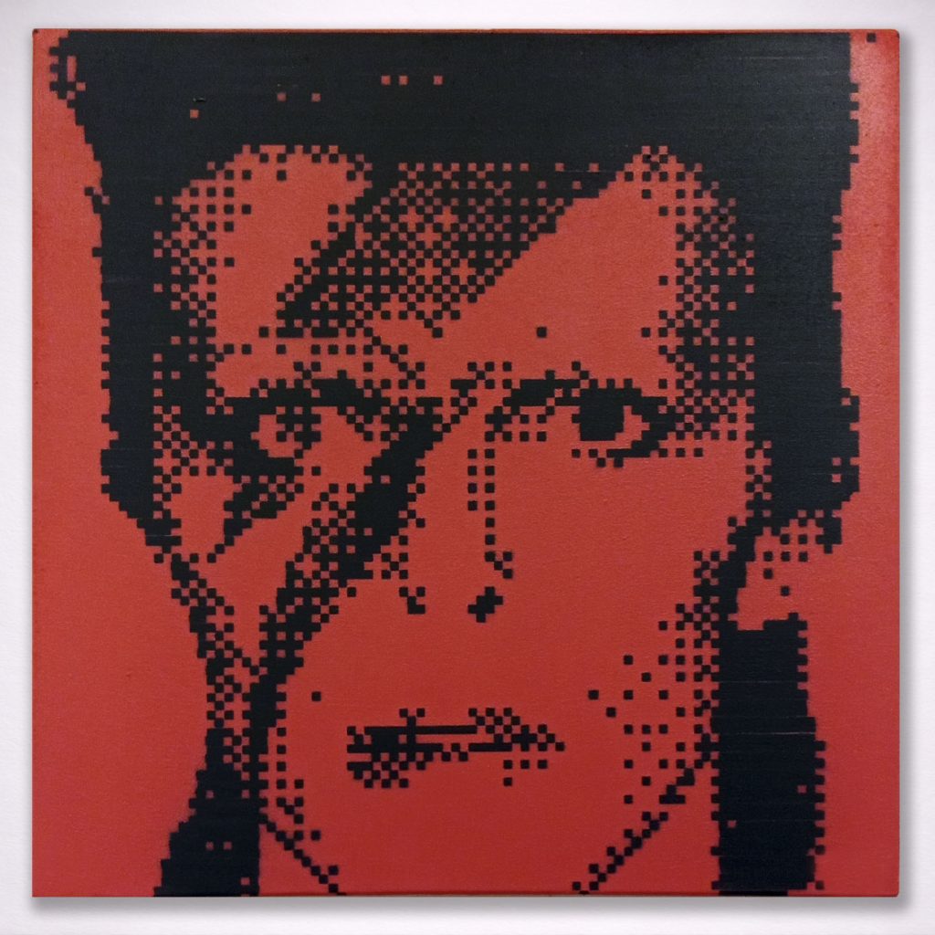 “Bowie” · Stencil Pixel Art · Serie Iconos Pop · Pintura spray y stencil sobre tela · 50 × 50 cm · 2023