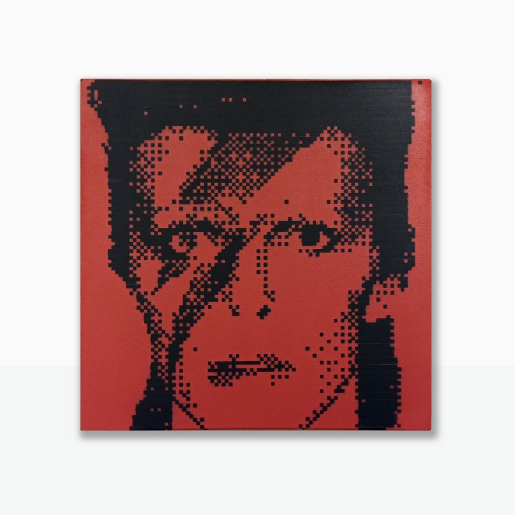 “Bowie” · Stencil Pixel Art · Serie Iconos Pop · Pintura spray y stencil sobre tela · 50 × 50 cm · 2023