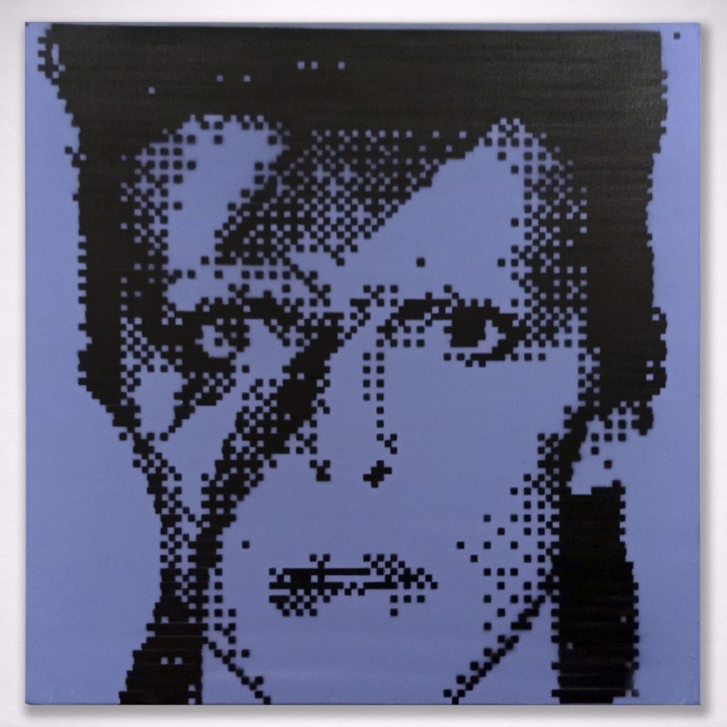 “Bowie” · Stencil Pixel Art · Serie Iconos Pop · Pintura spray y stencil sobre tela · 50 × 50 cm · 2023