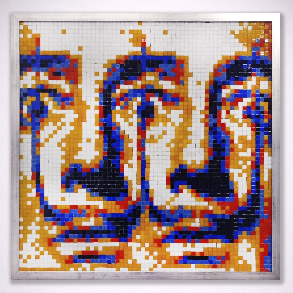 “Double Dalí 2” · Mosaico de teselas vítreas · 60 × 60 cm · 2023 Serie Surrealismo Pixelado