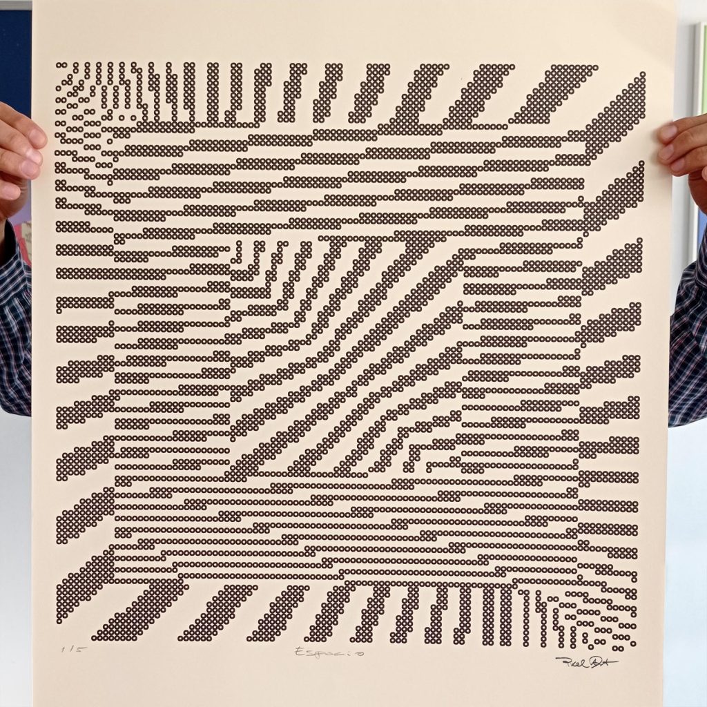 “Espacio” · Generative Artworks · Serie Profundidad Binaria · Tinta sobre papel (Plotter de plumillas) · 50 × 50 cm · 2023