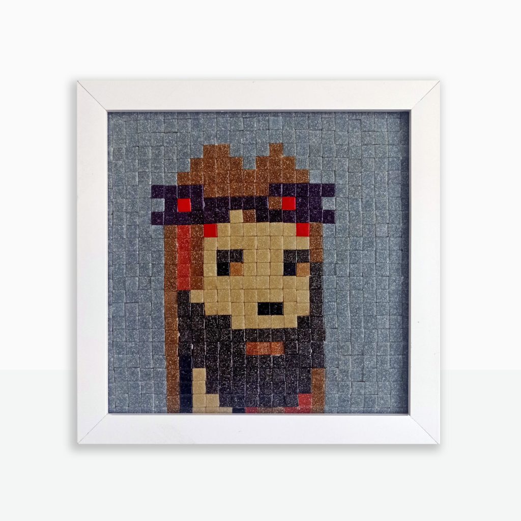 “JesusCrypto 001” Mosaico de teselas vítreas · 24 × 24 cm / 48 × 48 cm · 2022 Obra vinculada a la colección histórica "JesusCrypto" (OpenSea, 2021).