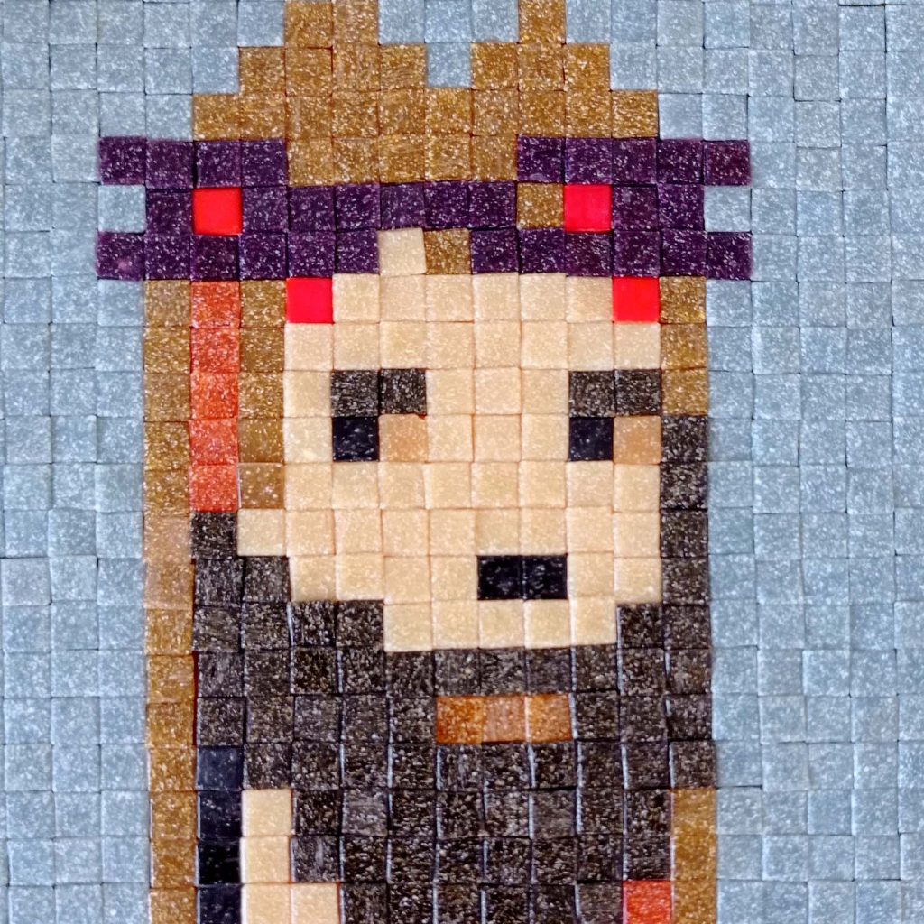 “JesusCrypto 001” Mosaico de teselas vítreas · 24 × 24 cm / 48 × 48 cm · 2022 Obra vinculada a la colección histórica "JesusCrypto" (OpenSea, 2021).