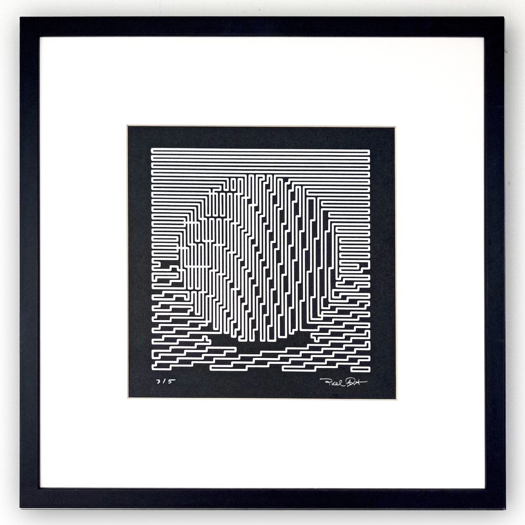 “Satélite Plotter” · Kinetic & Plotter Art · Abstract Series · Rotulador plata sobre papel Fabriano negro · 50 × 50 cm (enmarcado) · 2025